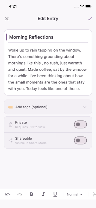 Journal entry screen