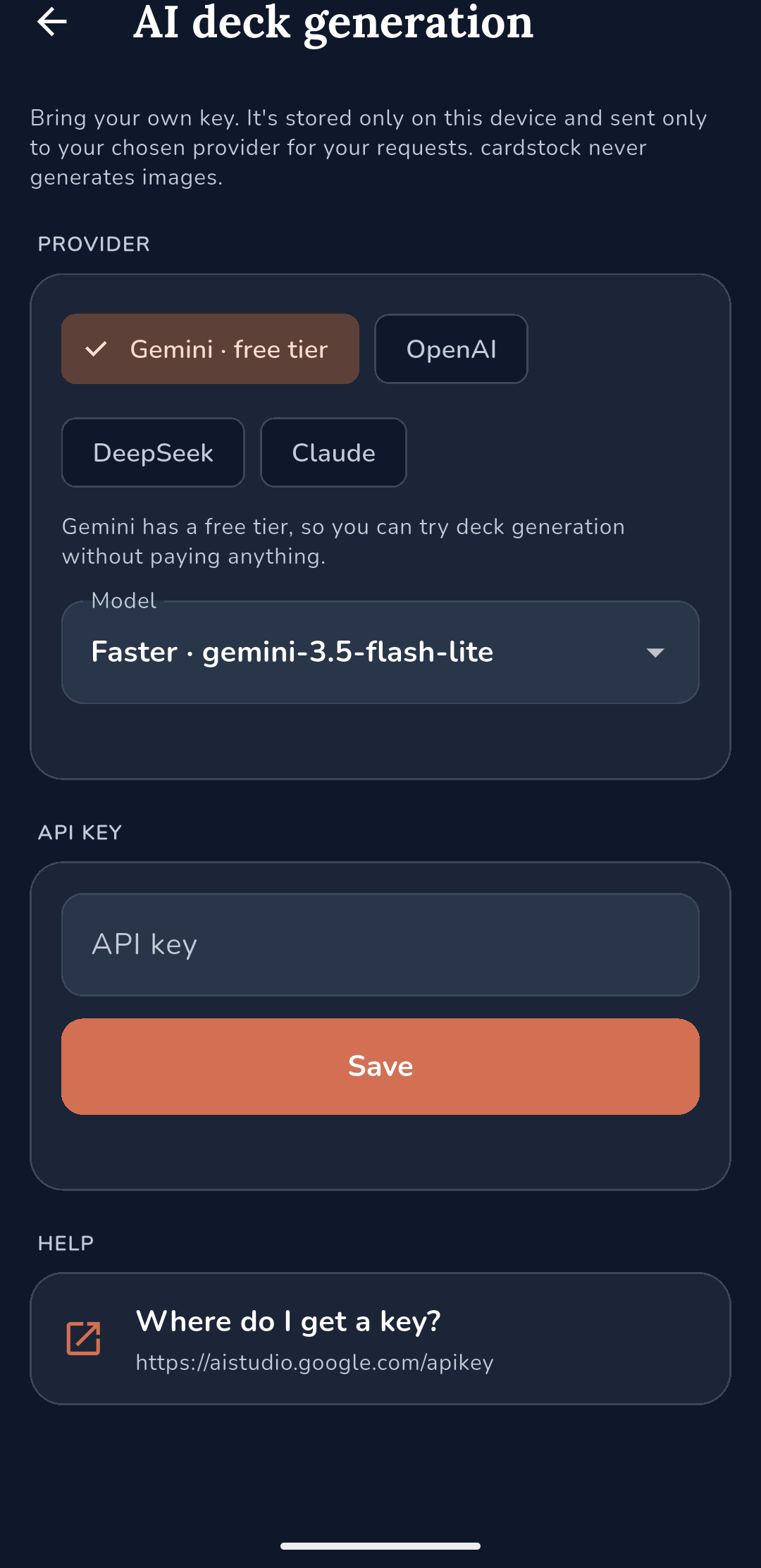 Cardstock AI deck generation settings explaining that your key is stored only on the device and sent only to the provider you choose