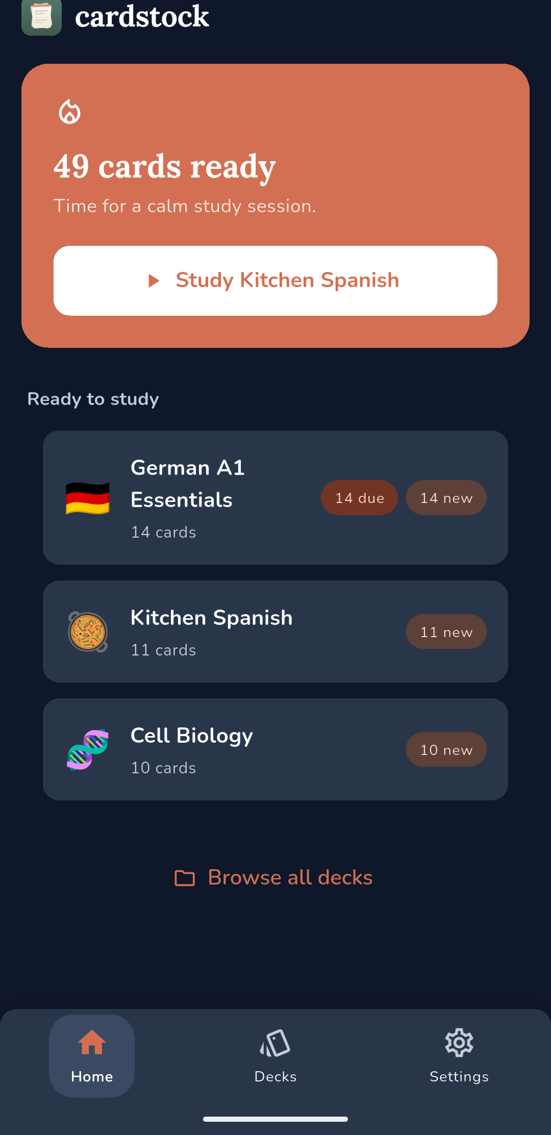 Cardstock home screen showing 49 cards ready to study and three decks: German A1 Essentials, Kitchen Spanish and Cell Biology