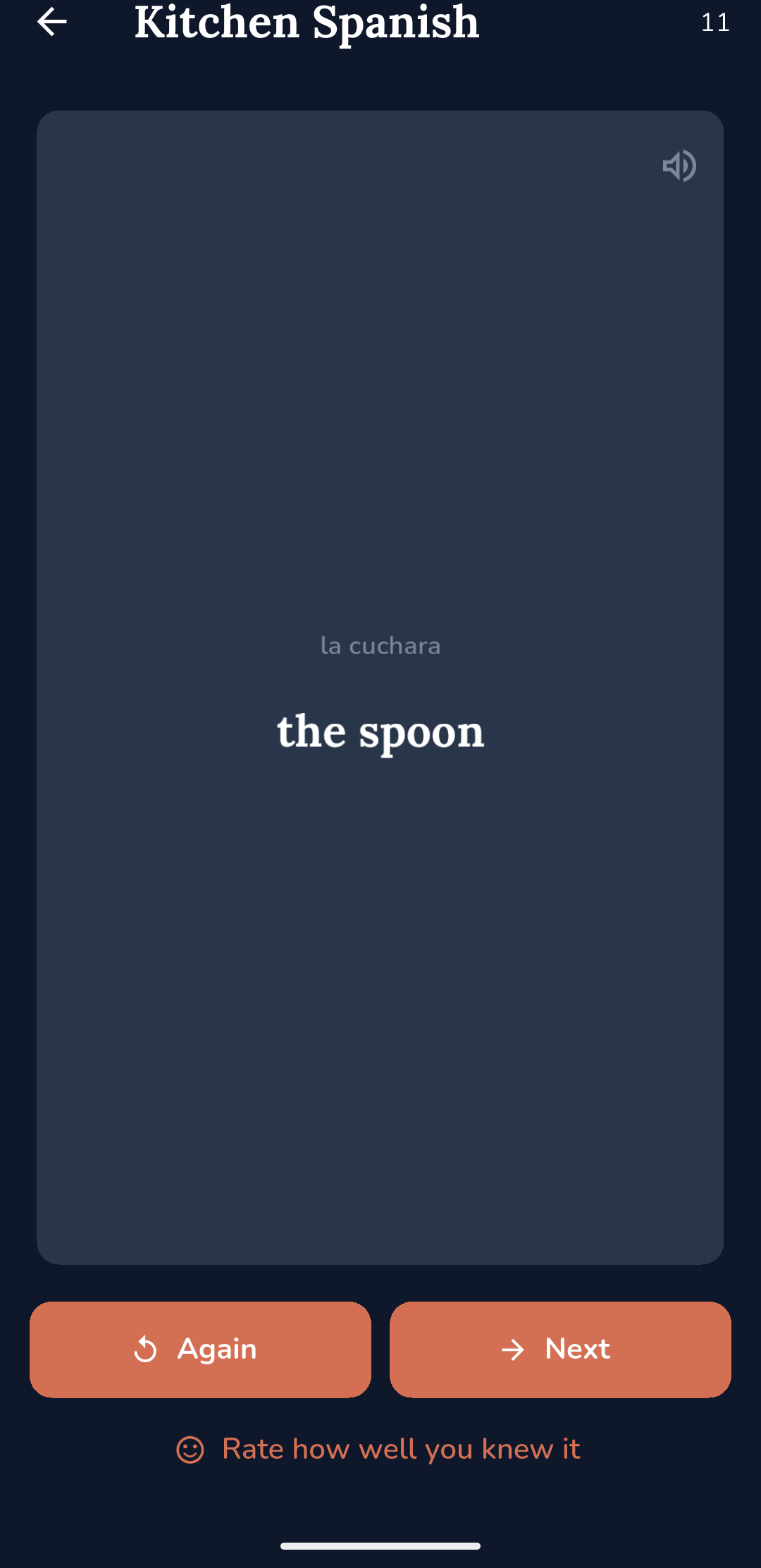 A Cardstock review card in the Kitchen Spanish deck showing la cuchara and the spoon, with Again and Next buttons