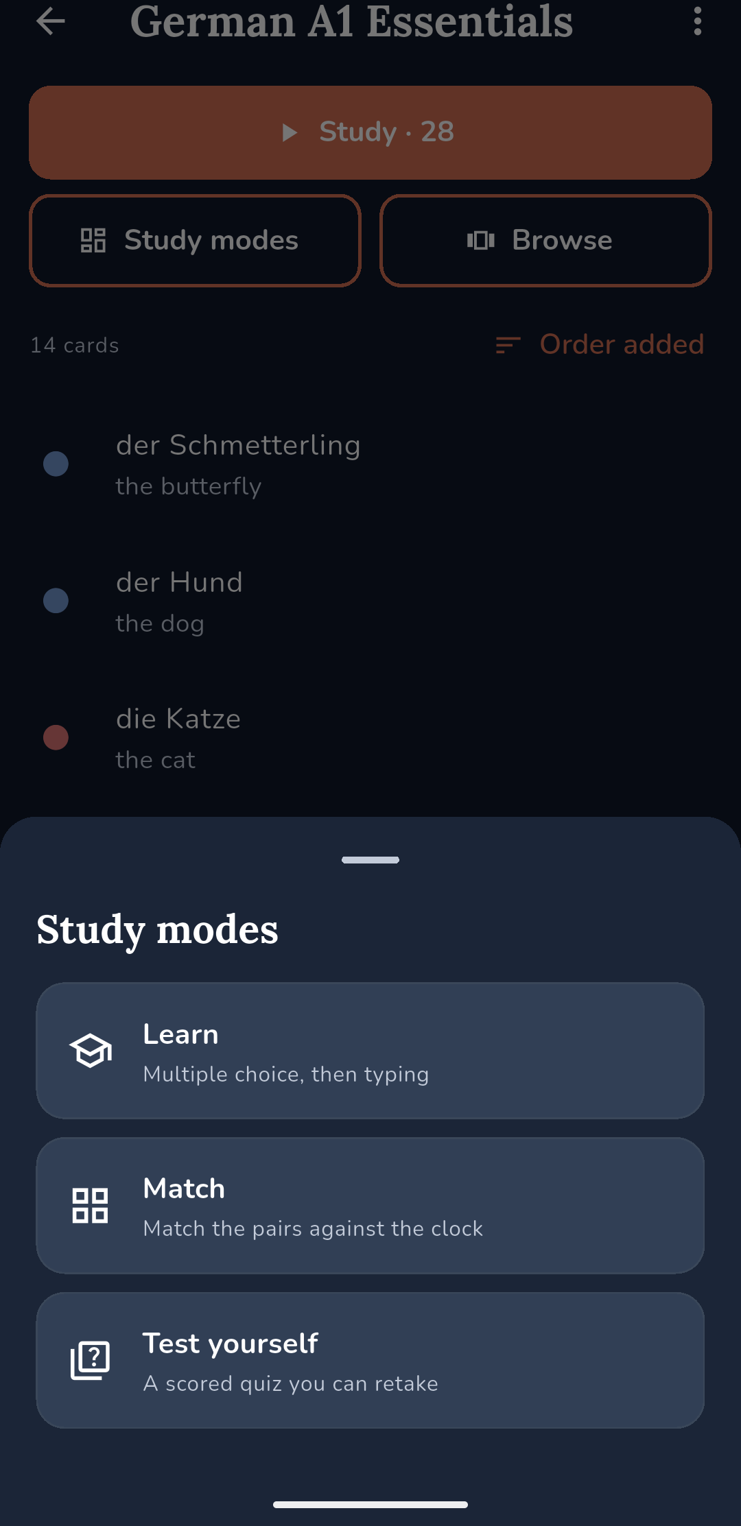 Cardstock study modes sheet offering Learn, Match and Test yourself for the German A1 Essentials deck