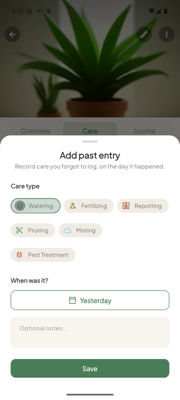 Foliar add past entry sheet, choosing the care type and the day it happened