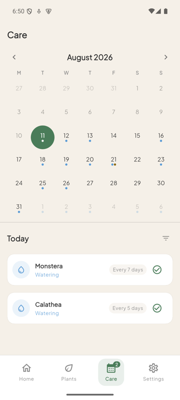 Foliar care calendar showing the month and the plants due today