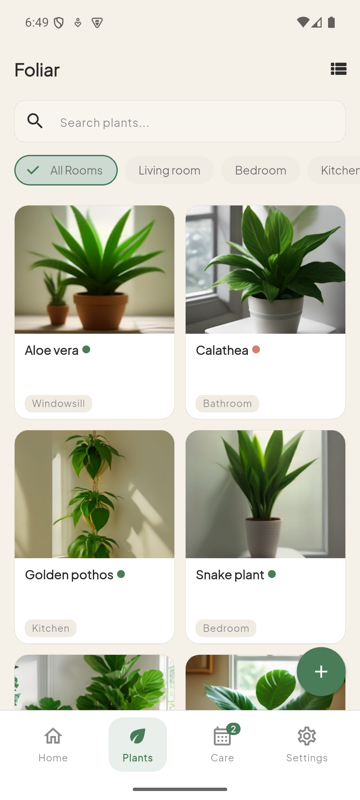 Foliar plant list showing six houseplants with photos, rooms and health status