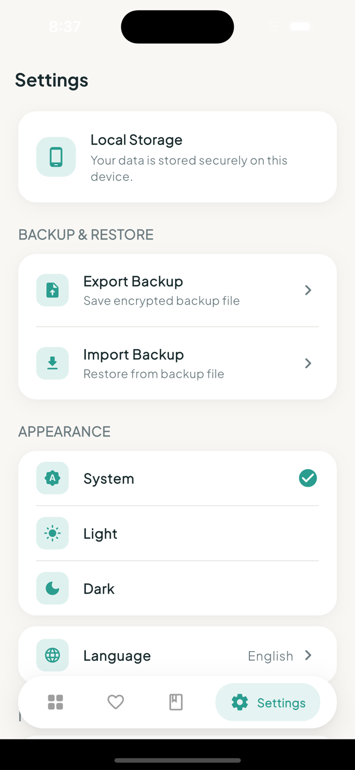 Settings and backup